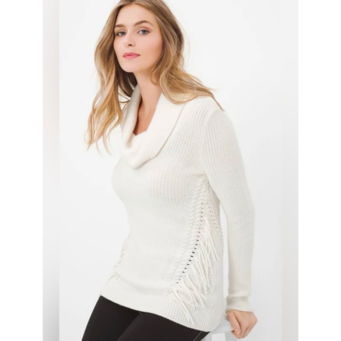 White House Black Market Mix Knit Cowl Neck White/Cream Color Sweater Size Xs